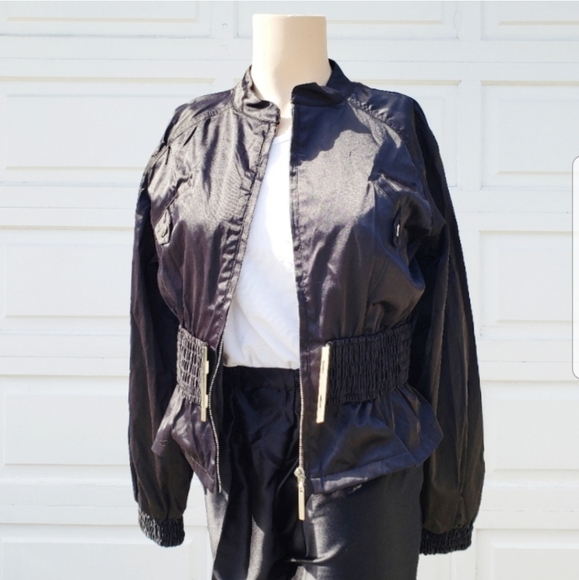 BEBE Black Cropped Jacket with Sinch Waist Belt - Picture 2 of 3